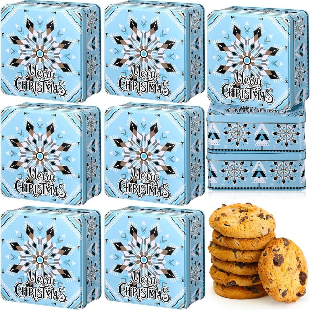 Tandefio 6 Pcs Christmas Cookie Tins 6.3Inch Cookie Tins with Lids for Gift Giving Square Metal Container Xmas Snowflake Boxes Large Empty Holiday Treat Jars for Xmas Candy Baking Decorative