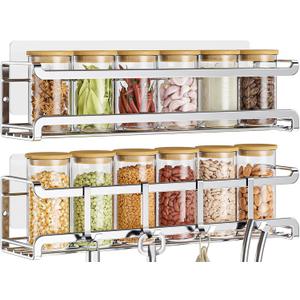 Bunoxea Spice Rack wall mounted 2 Pack, Space-Saving Spice Organizer for Spice Jars and Seasonings,Screw or Adhesive Hanging Spice Rack Organizer for Your Kitchen Cabinet,or Pantry Door,Silver