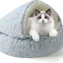 YUDANSI Calming Cat Beds for Indoor Cats - Plush Fluffy Hooded Cave Nest, Anti-Slip Self-Warming Pet Beds, Washable Built-in No-Collapsing Support (Grey-50cm/20in)