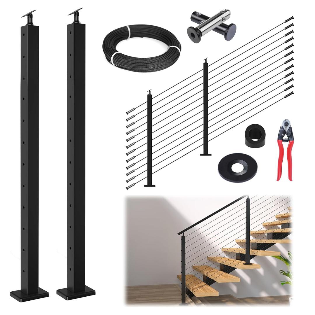 Muzata 5-10FT Modular Black Cable Railing Kit 42 Inch 2 Stair Post Kit Complete Set Cable Railing System for Stairs Length Adjustable Easy DIY with Paper User Guide (No Handrail) RWS1 BA4L