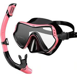 Snorkeling Gear for Adults, Snorkel Mask Set 180 Degree Tempered Glass Anti Fog Goggles Dry Top Snorkel Set Scuba Diving mask with Soft Silicone Skirt Anti-Leak Comfortable Snorkel Set
