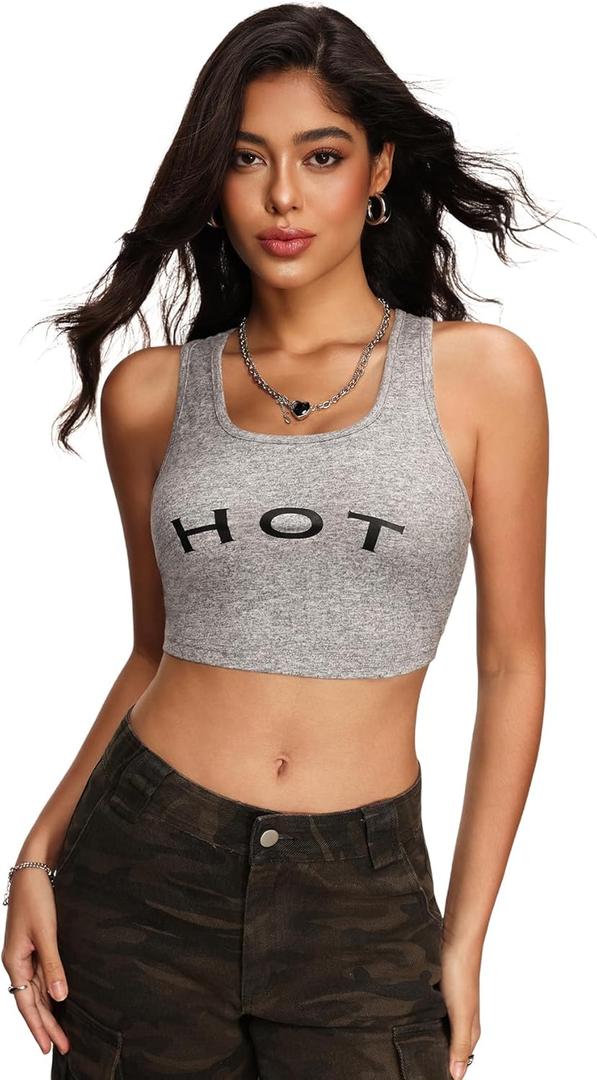 Women's Letter Print Sleeveless Tank Top Scoop Neck Slim Fit Crop Tops Shirts (S)