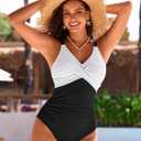Pink Queen Women One Piece Swimsuit 2026 Patchwork Twist Front V Neck Ruched Tummy Control Swimwear Bathing Suits, Large