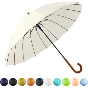 SoulRain 16 Ribs 48" Stick Umbrella Auto Open Solid Color Fashionable and SimpleArc Classic Wood HandleWindproof Unbreakable Stick Rain Umbrella