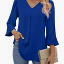 Funlingo Womens 3/4 Length Sleeve Tops Dressy Casual V Neck Business Chiffon Blouses Pleated Trendy Work Shirts Medium