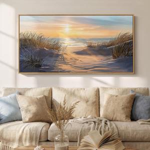 Framed Extra Large Coastal Beach Landscape Wall Art for Living Room, Horizontal Ocean Sunset Canvas Print Artwork for Walls, Nature Scenic Painting Picture Wall Decor Dining Room Bedroom, 60x30 In, 56.7"L x 28.3"W