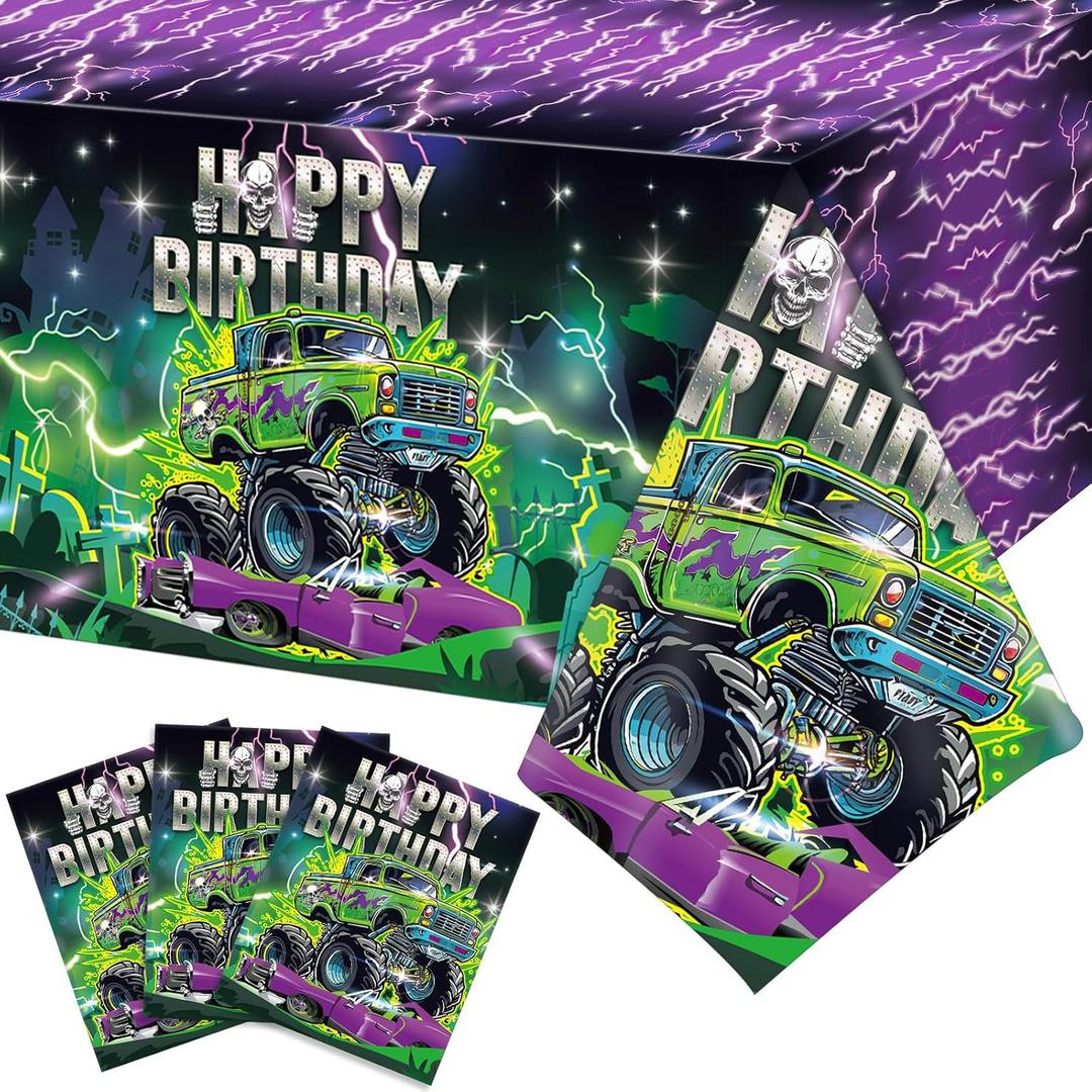 3 Pcs Monster Party Tablecloth Happy Birthday Truck Table Cloth 54 x 108 Inch Plastic Disposable Truck Theme Tablecover for Rectangle Round Desk Theme Birthday Party Supplies