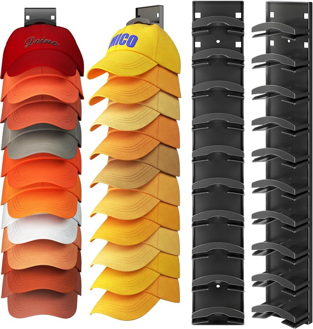 Hat Organizer Hold up to 20 Hats, 2 Pack Hat Rack for Wall with Strong Adhesive, Hat Organizer for Baseball Caps Display for Door Closet, Hat Hanger Holder Multilayer Two Mounting Option(Black)