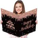 Kuxriox Jumbo happy Birthday Card for Women Girls Kids, Large Rose Gold Birthday Guest Book Supplies Gifts, Giant Rose Gold Birthday Decorations Message Greeting Cards With Envelope Big Birthday Card