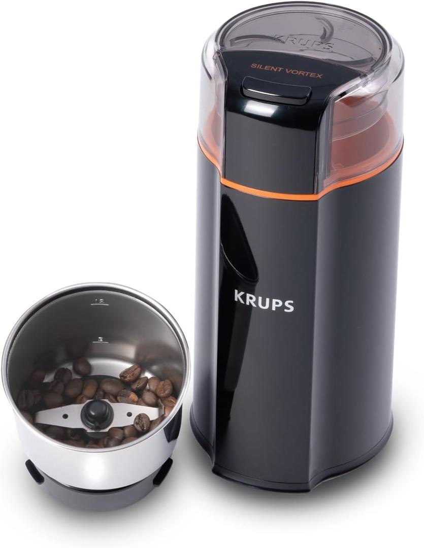 KRUPS Silent Vortex Electric Coffee Grinder: 3 oz Capacity, 5x Quieter, 175W Motor for Coffee Beans, Spices & Herbs - Removable Dishwasher-Safe Bowl, 12-Cup Yield, Black