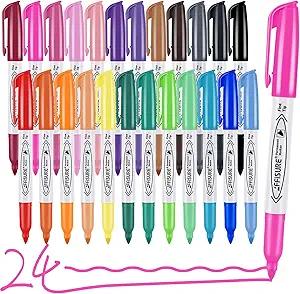 Permanent Markers Assorted Colors Set, 24 Colored Markers 24 Pack, Fine Point，Works on Wood, Plastic, Metal, and More, for Adults, Artist, Taecher, Kids