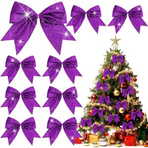 Cindeer 24 Pcs Purple Christmas Bow Decorations 6 x 6 Inches, Glitter Holiday Ornaments Sequin Ties Bows for Xmas Tree, Wreath, DIY Crafts, Gift Wrapping, Party Decor