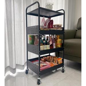 Stable 4 Tier Rolling Metal Storage Organizer, Heavy Duty Kitchen Rolling Cart, Metal Top Vegetable Storage Cart with Wheels for Kitchen Pantry Utility Use (Black)