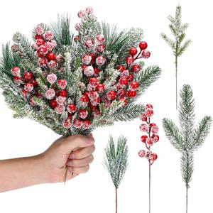 Lyrow 80 Pieces Christmas Snowy Pine Tree Picks Artificial Berry Stems Sprays Faux Cedar Pine Needles Branches for Holiday Arrangement Wreath DIY Garland Holiday Decor Winter Greenery (Red)