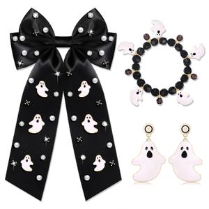 Halloween Cheer Bows for Women Spooky Pumpkin Trick Treat Hair Bow Jeweled Satin Silk Big Hair Bow Clip Halloween Outfit Hair Accessories Gothic Costume Party Decorations