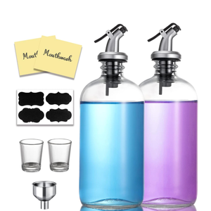 AOZITA 16-Ounce Glass Mouthwash Dispenser - Clear Glass Bottle with Pour Spout, Shot Glass, Funnel and Labels, Refillable Boston Round Bottles - 2 Pack
