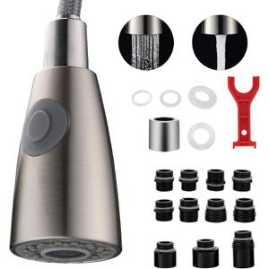 Kitchen Faucet Sprayer Head Nozzle,2 Function Modes,Pull Down Kitchen Sink Faucet Spray Head,12 Adapters Faucet Hose Filter Head Replacement Part Compatible,G1/2 Thread,Brushed Nickel