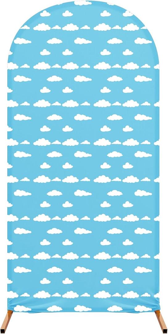 7.2 ft Cartoon Arch Backdrop Cover Blue Sky and White Clouds Arch Spandex Stretch Backdrop Stand Cover for Wedding Birthday Banquet Ceremony Decoration(White Cloud)