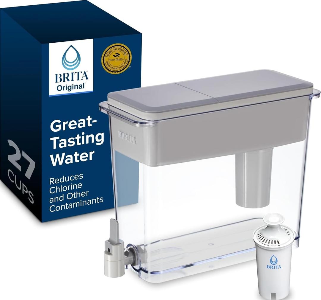 Brita Extra-Large 27-Cup Water Filter Dispenser with Standard Filter, WQA NSF/ANSI Certified, Removes Chlorine Taste & Odor, Reduces Zinc Copper & Mercury, BPA-Free, 1 Filter Included, Lasts 2 Months