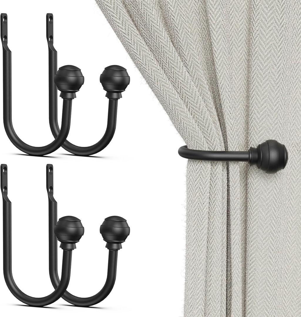 Hion Curtain Holdbacks Black 4pcs, Curtain Tiebacks Wall Mounted Curtain Hooks Holders for Drapes