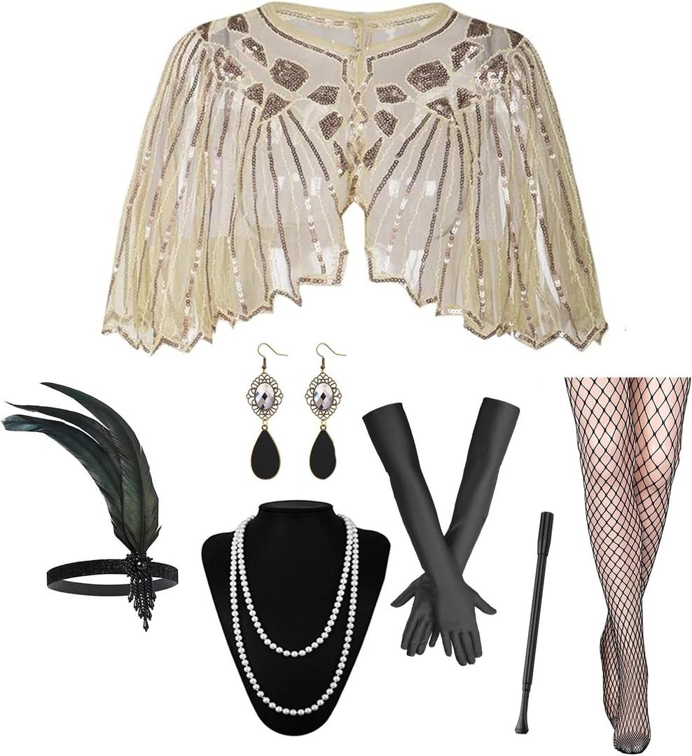 1920s Flapper Accessories Set, Roaring 20s Accessories Women Feather Headpiece Necklace Earrings Long Gloves (Apricot)