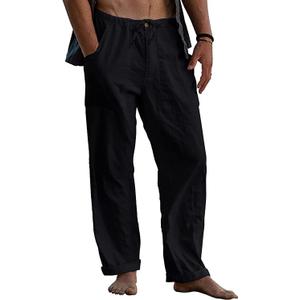 FANARCHER Mens Cotton Linen Pants Drawstring Loose Beach Pants with Pockets (3X-Large, Black)
