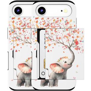 Compatible for iPhone 17 Air Case with Card Holder Cute - Kawaii Design Military-Grade Drop Protection Rugged Wallet Cases for Women (White Elephant Spraying Flowers)