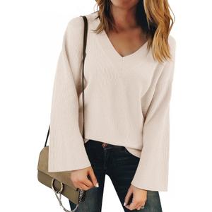 Yousify Womens V Neck Oversized Sweaters Long Sleeve Knit Pullover Trendy Casual Chunky Sweater (Beige, M)