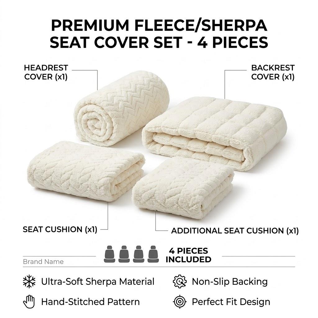Ultra-Soft Plush Sherpa Car Seat Cover Set (4 Pieces) – Universal Fit Fluffy Fleece Seat Cushion Pad, Non-Slip Backing (Cream / Off-White)