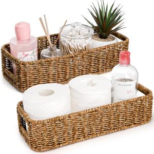 ZAVOOS 2 Pack Toilet Tank Basket, Handwoven Rectangular Wicker Shelf Baskets for Organizing, Decorative Countertop Storage Bin with Built-in Handle for Bathroom Tank Top, Bedroom Closet