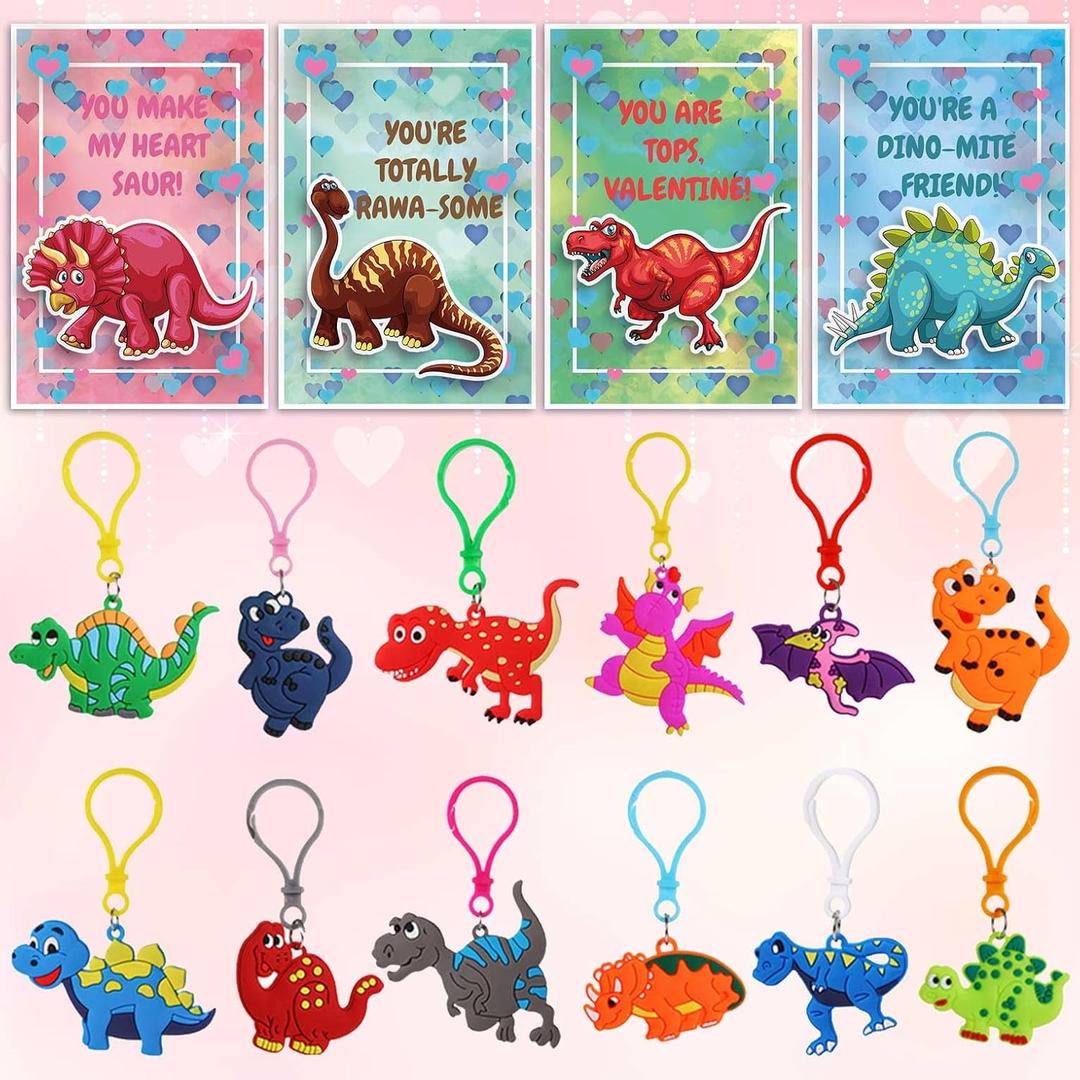 2 x 24 Pack Valentines Day Gifts Cards for Kids Classroom School Valentines Exchange Cards with Dinosaur Keychain for Girls Boys Party Favors Gifts Prizes