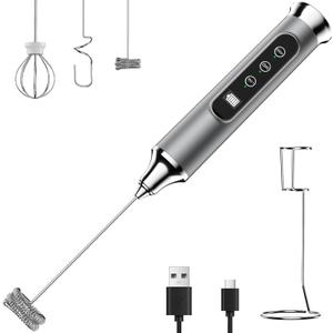 YUSWKO Silver Milk Frother Wand for Coffee with Stand, Handheld Coffee Frother, Rechargeable Drink Mixer, Waterproof Electric Whisk