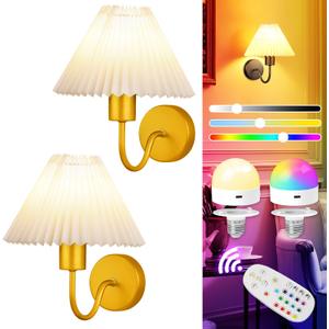 Modern Wall Sconces Set of 2, Wireless Battery Operated Wall Sconces, 2 Pack No Wiring Plug in Wall Lamp with RGB Smart Bulb, Easy Install Portable Wall Light for Bedroom, Living Room (Gold)