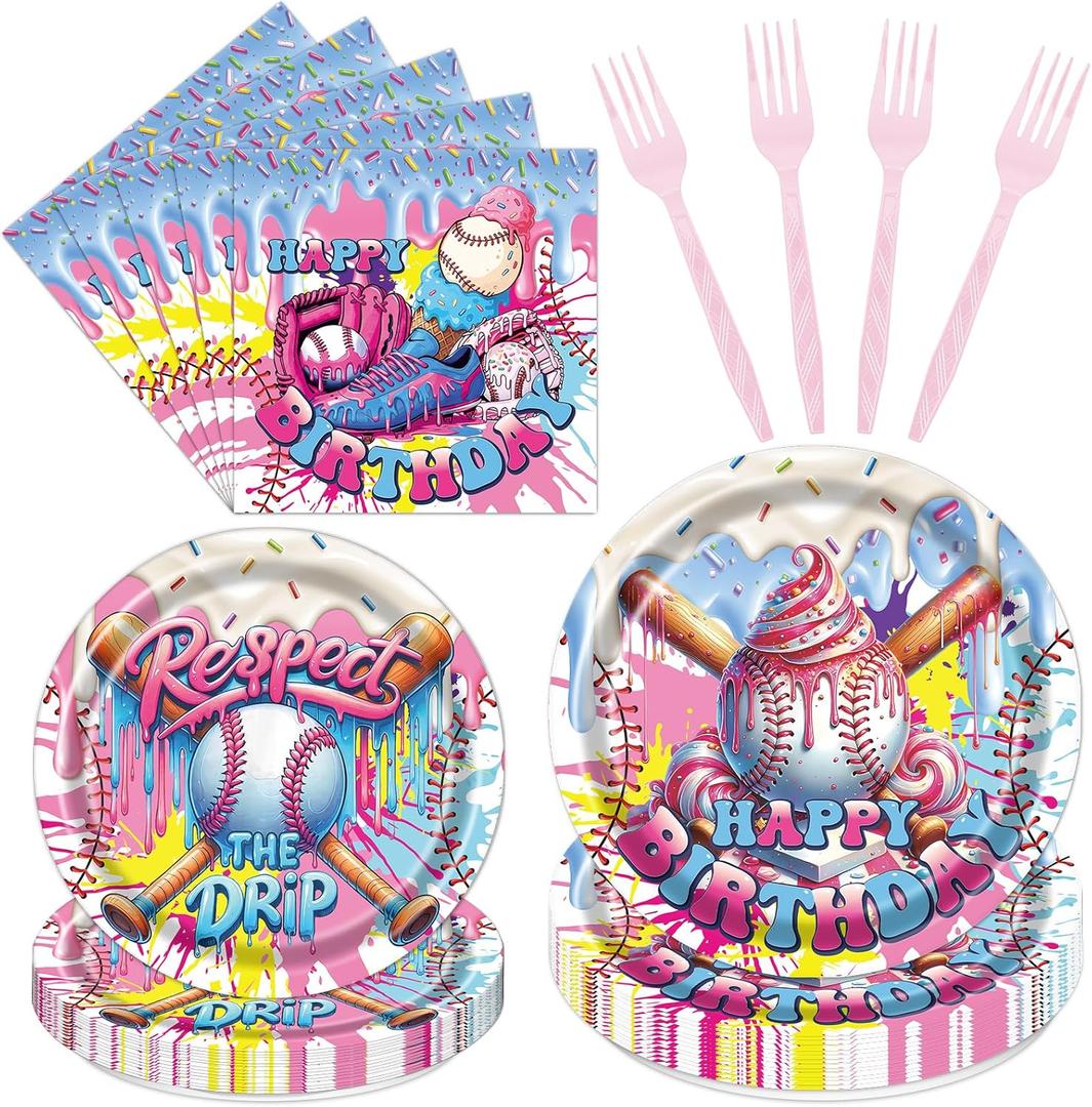 Ice Cream Drip Baseball Theme Party Decoration - 96Pcs Disposable Plates Napkins Forks Tableware Kit for Icecream Baseball Birthday Party Supplies, Serve 24 Guests