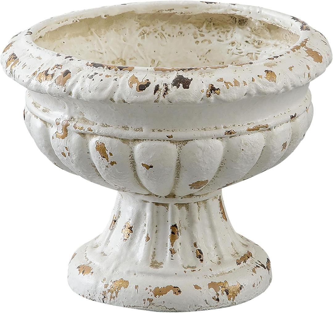 SOFE Vintage Large Pedestal Vase, 11 Inches Tall Front Porch Garden Planters, Resin Compote Vase, Distressed White Flower Pot, French Country Home Decor