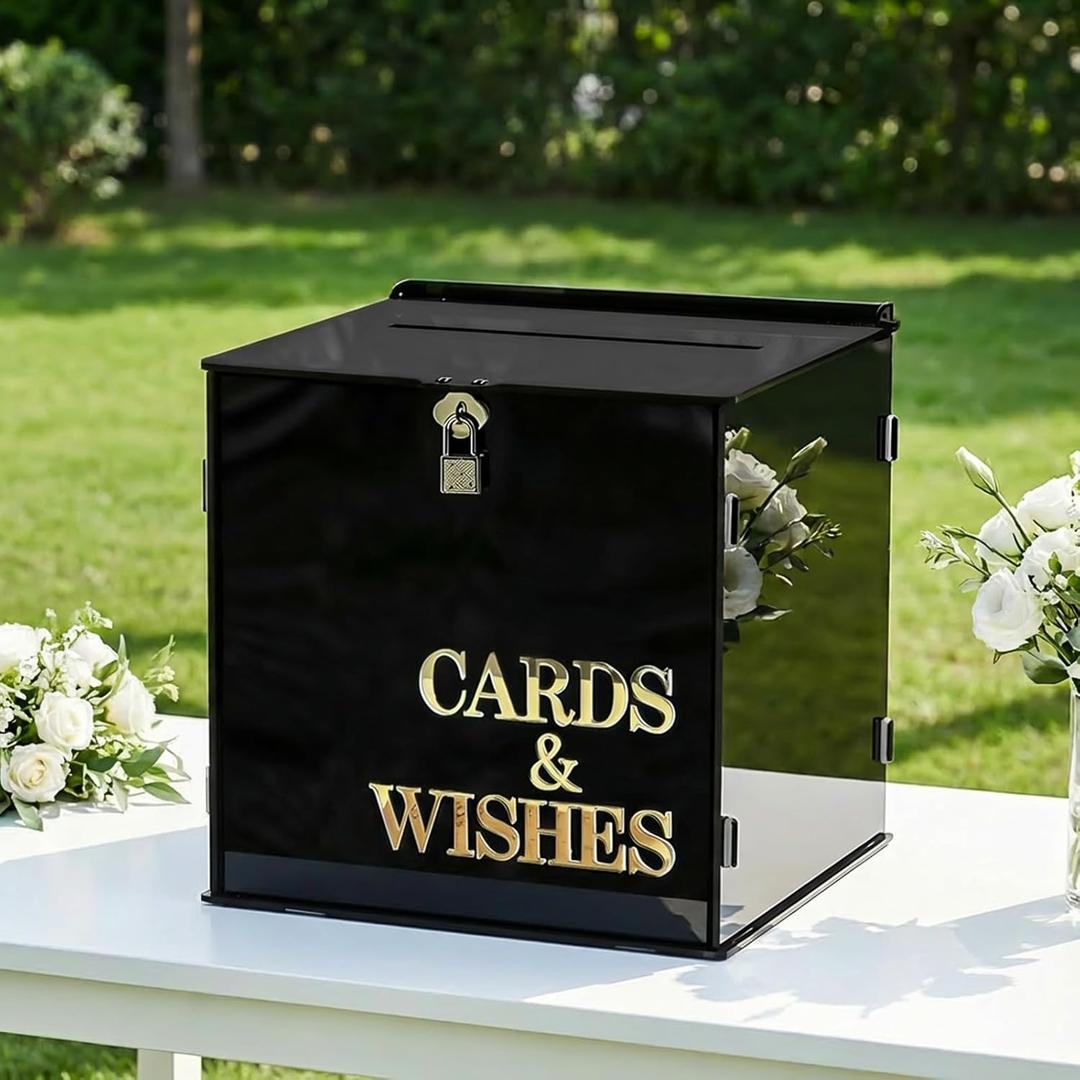 AerWo Black Wedding Card Box with Lock, Acrylic Gift Card Box for Party with 3D Letters, Large Wedding Card Boxes for Reception Elegant Wedding Memory Box Envelope Box for Graduation Birthday Decor