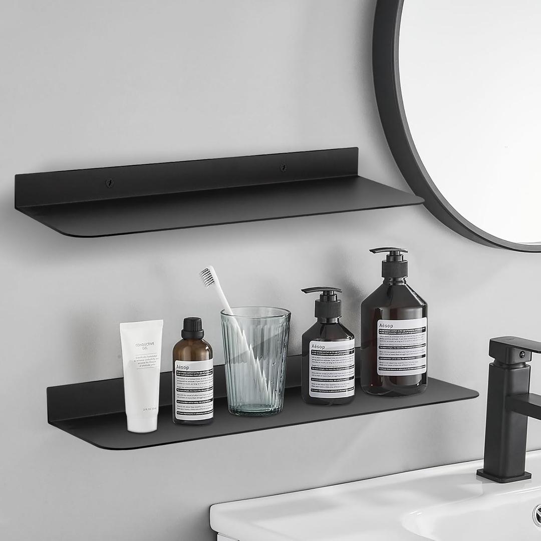 UVKDEENK 2 Pack Wall-Mounted Self Adhesive Wall Shelf, Counter Corner Floating Shelves Over The Sink Faucet, Aluminum Alloy Shower Caddy Tray Rack Storage Organizer for Bathroom, Kitchen, 30cm