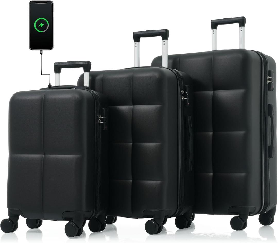 Hardshell Luggage Sets 3 Piece, Expandable Carry on Luggage with USB Port& Cup Holder, Lightweight Travel Suitcase with Spinner Wheels, TSA Lock (Black)