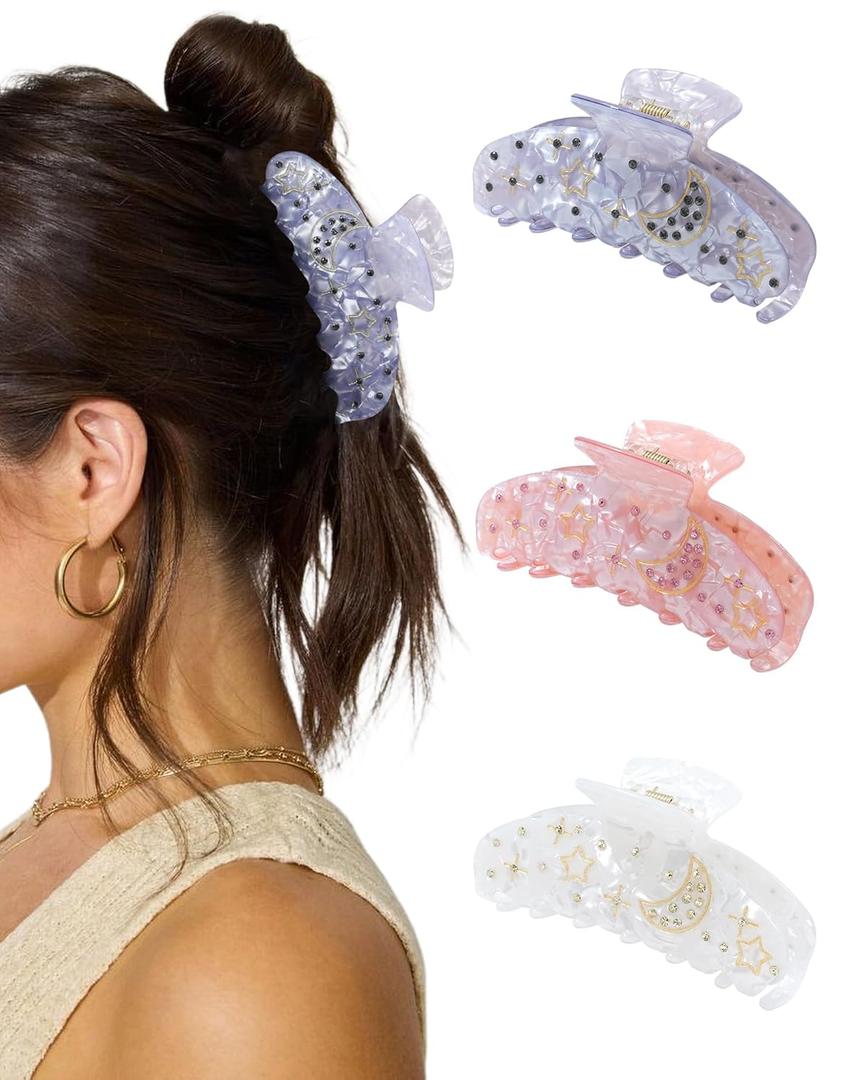 3Pcs Acrylic Hair Claw Clips - Medium Hair Clips Banana Clip for Women with RhinestonesStars Moon pattern