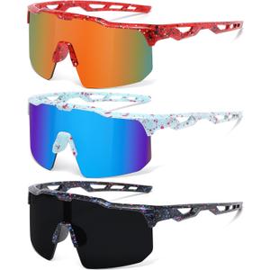 Youth Baseball Sunglasses for Boys Girls Softball Cycling Sports Sunglasses Kids Lightweight UV Protection (3pack-black+red+blue)