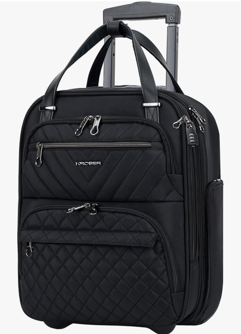 KROSER Carry On Underseat Multi-functional, 16-inch Underseater Lightweight Overnight Suitcase for Men Women, Black
