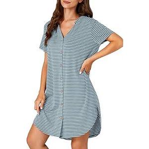 Vrtige Women's Button Down V Neck Short Sleeve Nightgown Pajamas Azure Small