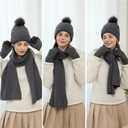 2 x Double Couple 3pcs Winter Women scarf and hat and Touch Screen Gloves Set for Women Knit Hat with Faux Fur Ball Scarves Glove (Dark Gray)