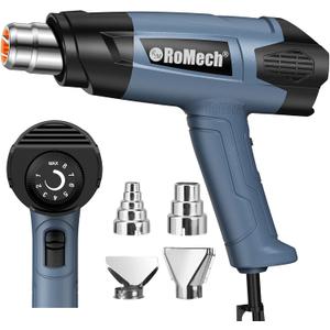 ROMECH 1500W Heavy Duty Heat Gun, Variable Temperature Control Hot Air Gun Kit with 2 Air Flow 120F~1200F and 4 Nozzles for Crafts Shrink Wrap (Blue)