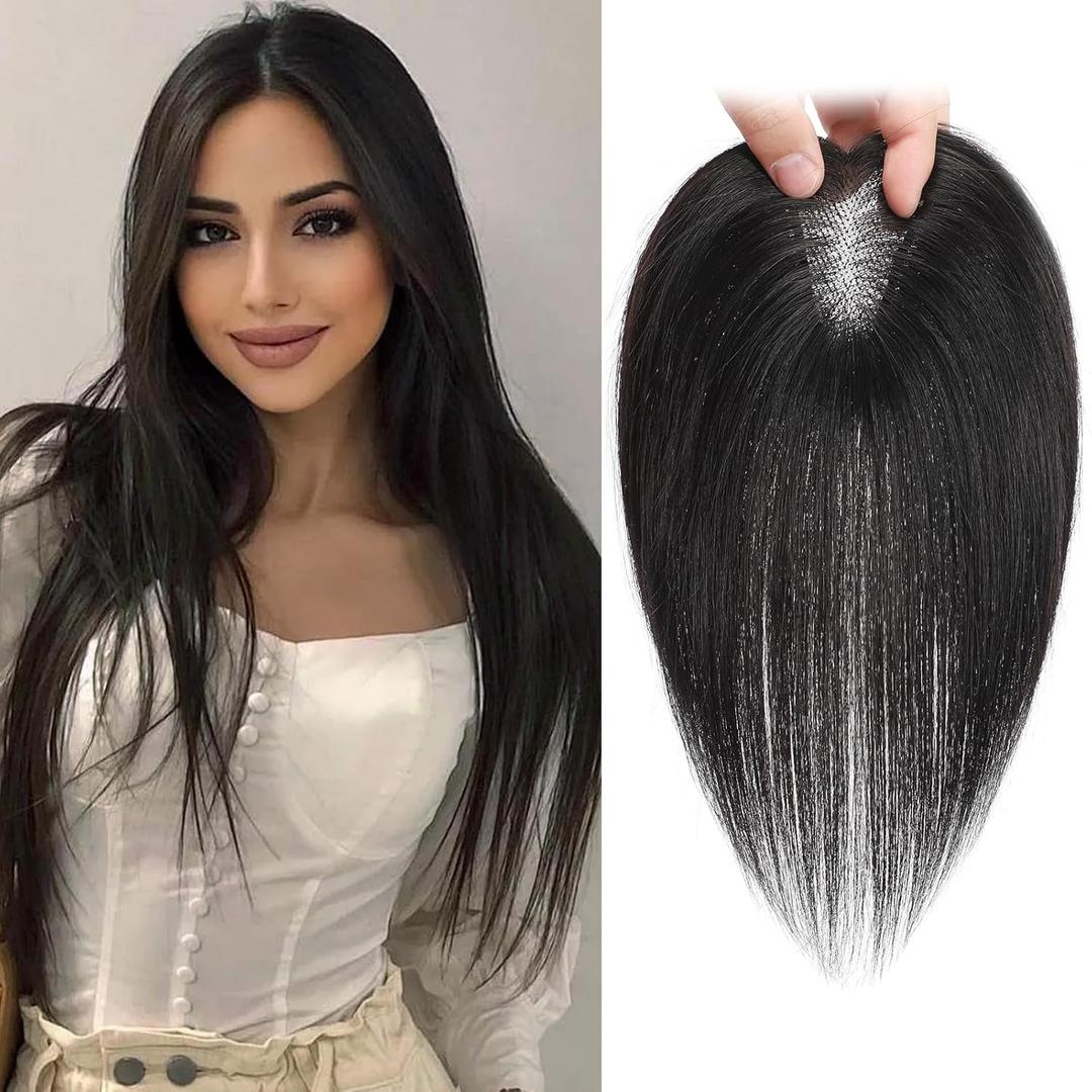 Black Hair Toppers for Women Real Human Hair 3D No Bangs Toppers for Women with Thinning Hair for Daily Use (Black, 10Inch)