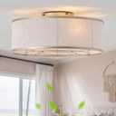 20 Inch Boho Ceiling Fan with Light, Low Profile Flush Mount Caged Ceiling Fan, Bladeless Gold Drum Chandelier with Remote, 6 Speed Reversible DC Motor for Bedroom Living Room, E26 Base, Small