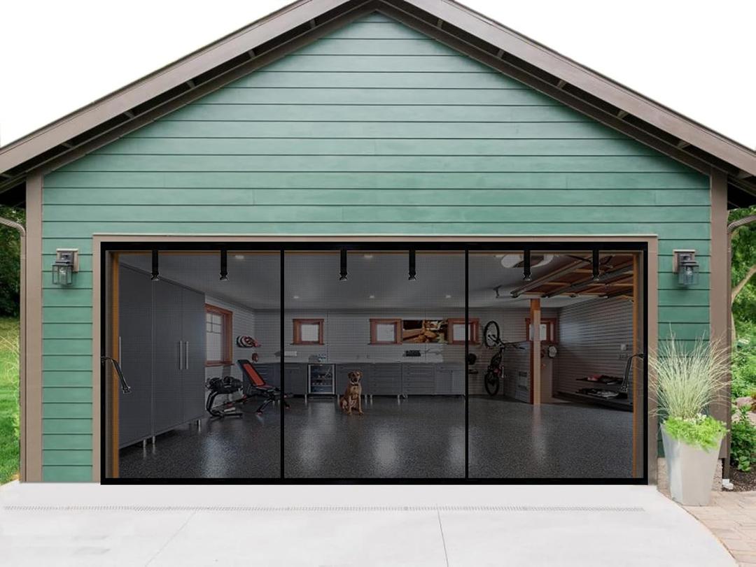 Garage Door Screen 19x10ft For 2 3 Car, Retractable Fiberglass Magnetic Screen Mesh Curtain Doors, Heavy Duty Weighted Bottom, Easy Assembly, Hands Free for Garage Carport Patio Porch (Black, 19x10ft)