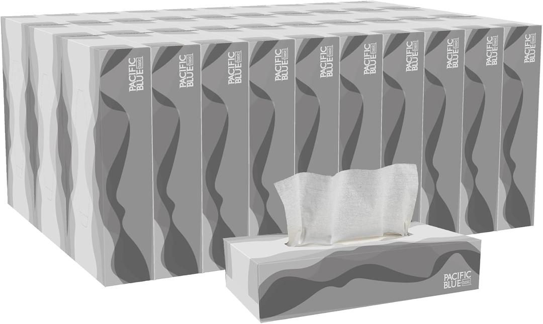 Georgia-Pacific Pacific Blue Basic 2-Ply Facial Tissue (47410), 100 Sheets Per Box, 30 Flat Boxes Per Bulk Case