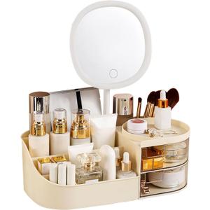 DASITON Makeup Organizer with Rechargeable Mirror,Makeup Brush Holder with 2 Drawers,Skincare and Cosmetics Organizer Countertop,Large Capacity Cosmetic Display Case for Vanity,Bedroom,Bathroom(Cream)