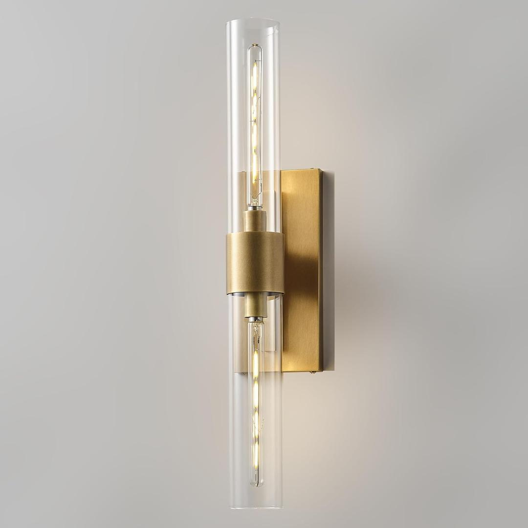 22.8" Bathroom Sconce  Modern Hardwired Wall Sconce with Clear Glass Tube, Linear Design for Bathroom Mirror, Bedroom & Living Room, Bulb Included (Gold-1Set)